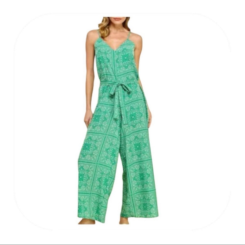 NWT Aiblee L green paisley wide leg jumpsuit